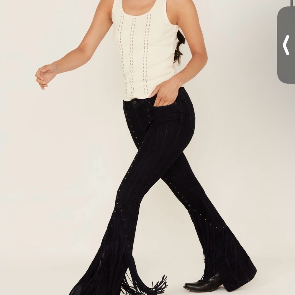 MAGNOLIA DARK WASH OUTLAW HIGH RISE STUDDED FRINGE SUPER STRETCH FLARE JEANS